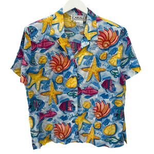 Vintage Womens Carlisle Silk Short Sleeve Blouse Size 16 Blue Tropical Shells